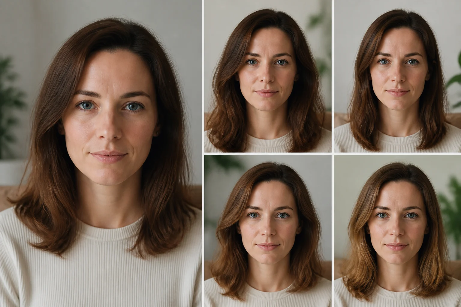自然に見えるAIプロフィール写真でも顔立ち・年齢感・髪型・輪郭に差が出ることを比較するイメージ