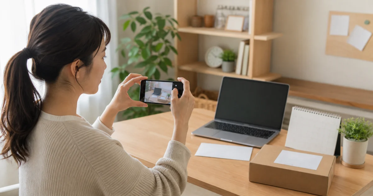 背景の郵便物や画面を判読できない状態でプロフィール写真の写り込みを確認するイメージ