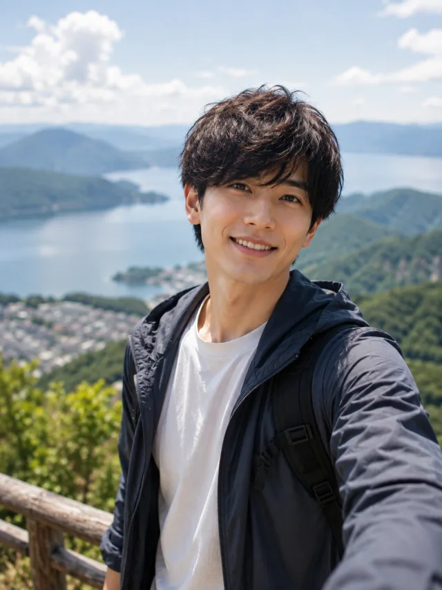 高台からの旅先セルフィーの参考イメージ